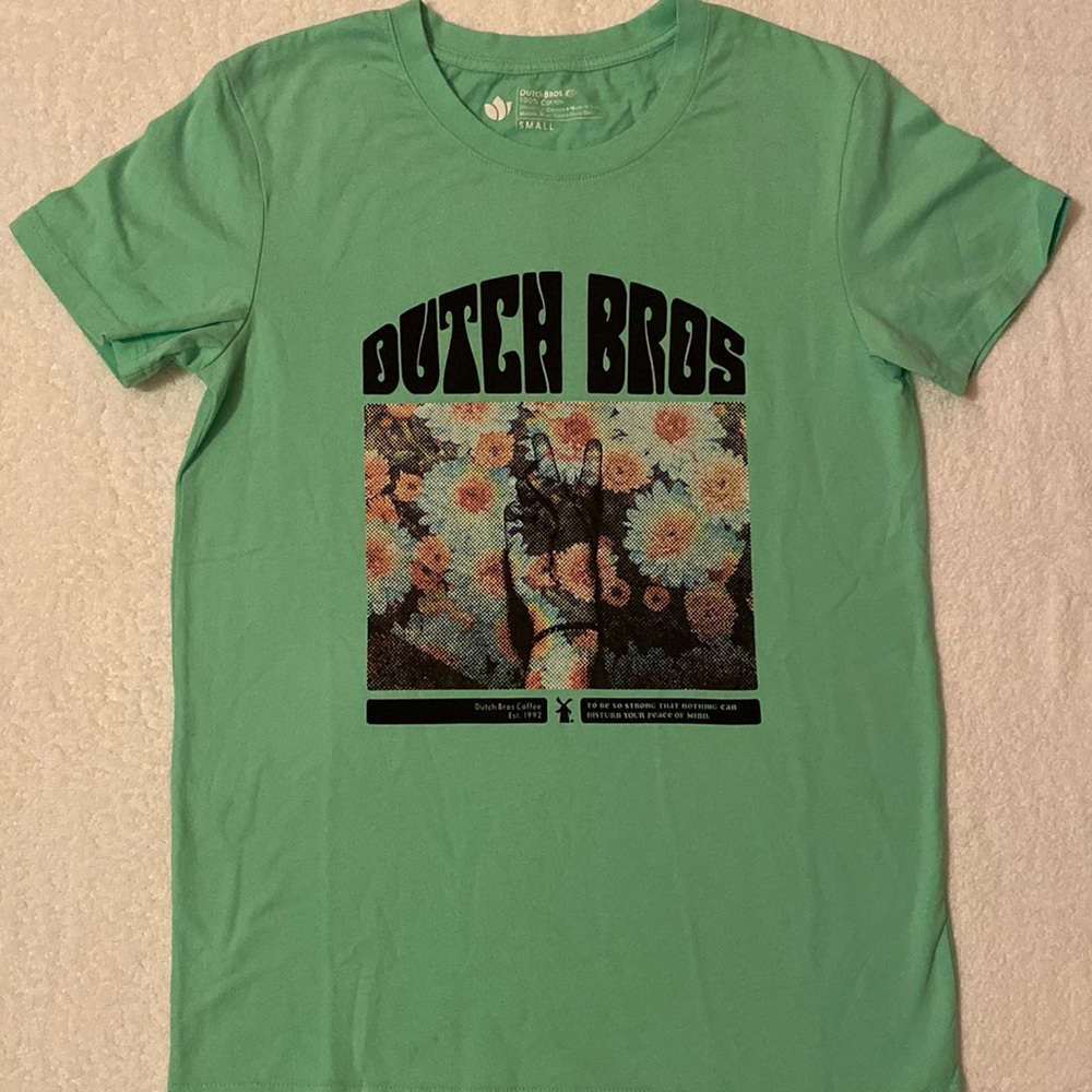 Dutch bros floral teal shirt